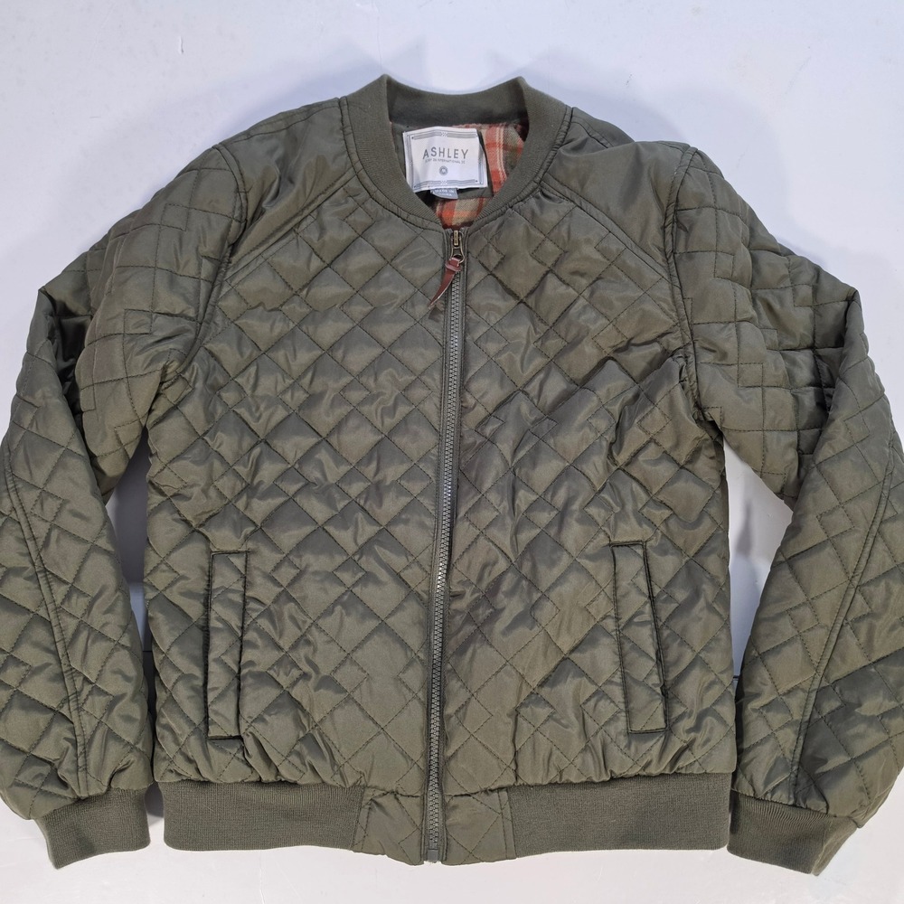 Ashley by 26 International Olive Green Quilted Plaid Lined Bomber Jacket M